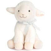Soft white lamb plush with a sweet expression, sitting upright, wearing a light gray ribbon.
